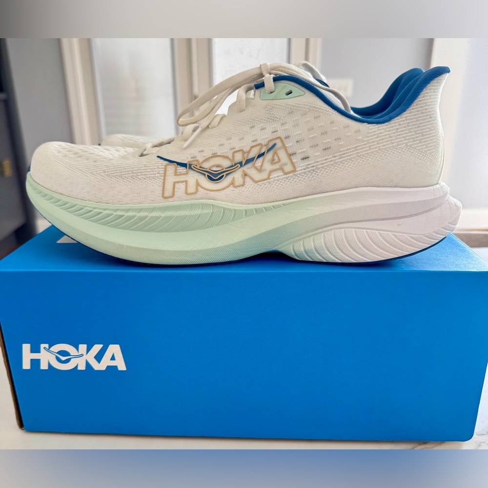 Hoka Mach 6 Men’s White and Light Blue Athletic Shoes